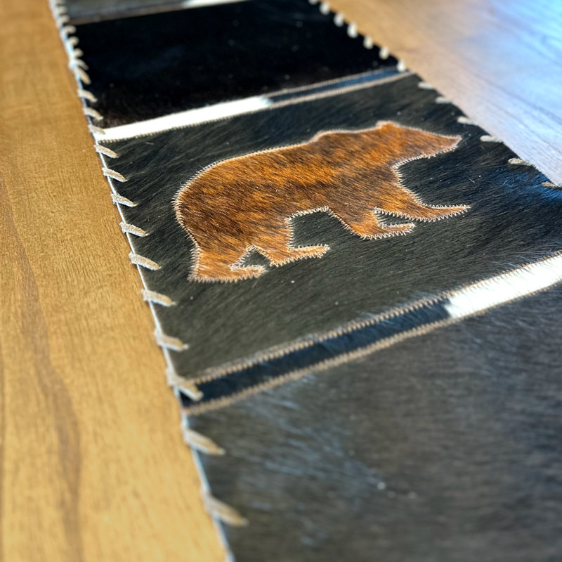 Bear Cowhide Table Runner, 120" L x 12" D, Black/Light Brown