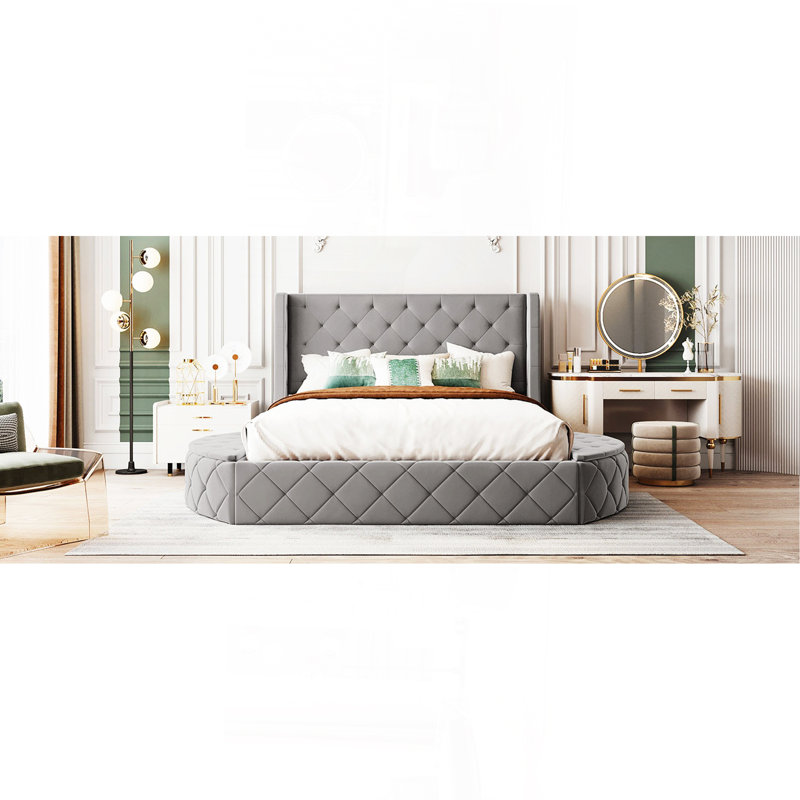 Lit plateforme tapissier moderne avec 1 grand tiroir, 2 tabourets de rangement latéraux, cadre de lit moderne pour chambre d'amis
