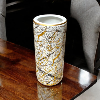 Hand-Finished Chamari Ceramic Umbrella Stand - 18" H Freestanding Design with Vintage Distressed Finish, Ideal for Home Décor or Flowers