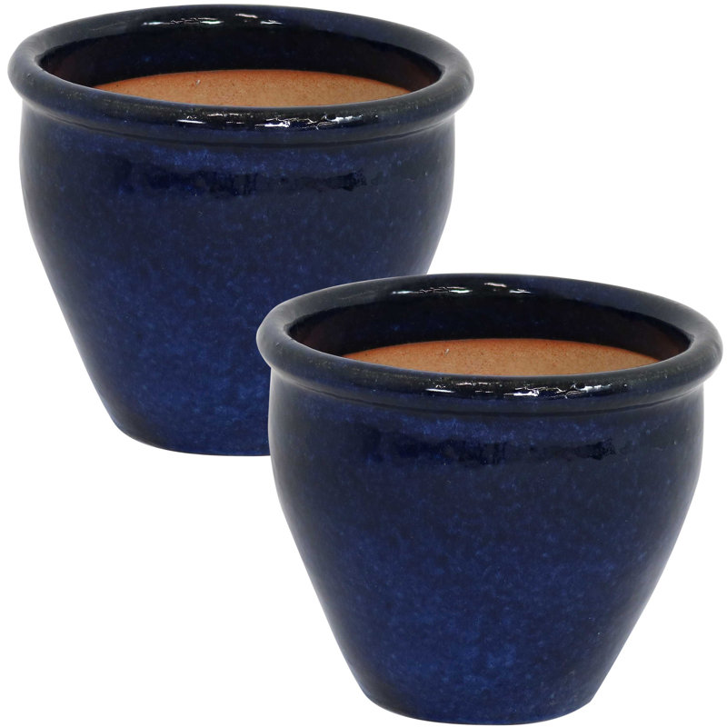 Chalet 9.5" x 9.5" x 8" Round Ceramic Outdoor Planter 2-Count - Imperial Blue, Blue, 8" H x 9.5" W x 9.5" D