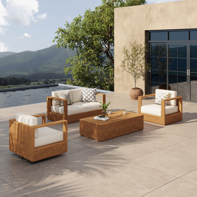 Ensemble de conversation 4 pièces pour patio en bois de teck massif, 4 pièces: table, chaise, chaise pivotante, causeu