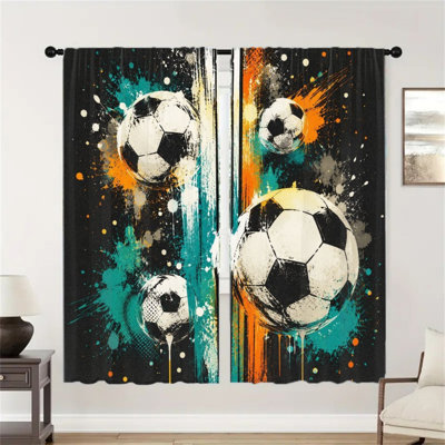 2 pièces rideaux à thème football, Splash art football à motifs graphiques modernes pour le salon, la chambre à coucher, le jeu de cuisine, les rideaux de fenêtre, la maison sur le thème du football