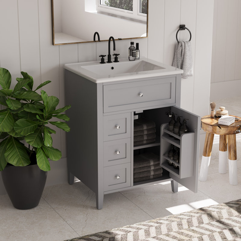 Bathroom Vanity With Sink,Vanity Cabinet With Flip-Out Drawer,3 Drawers,Soft-Close Door, Gray, Silver