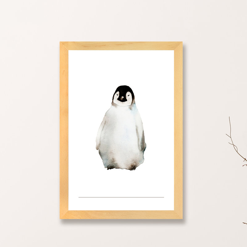 Art pingouin, H 24 po x l 16 po x P 1 po, Toile avec cadre en bois beige