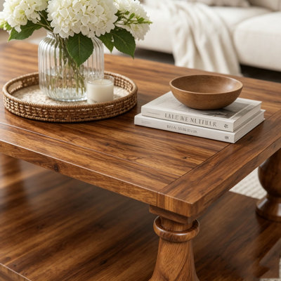 Farmhouse Coffee Table with 2-Tier Storage and Turned Legs