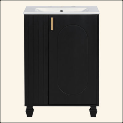 Meuble-lavabo 24 po avec lavabo, armoire de salle de bain avec tablette de porte, rangement latéral ouvert, structure en bois massif, porte à fermeture douce