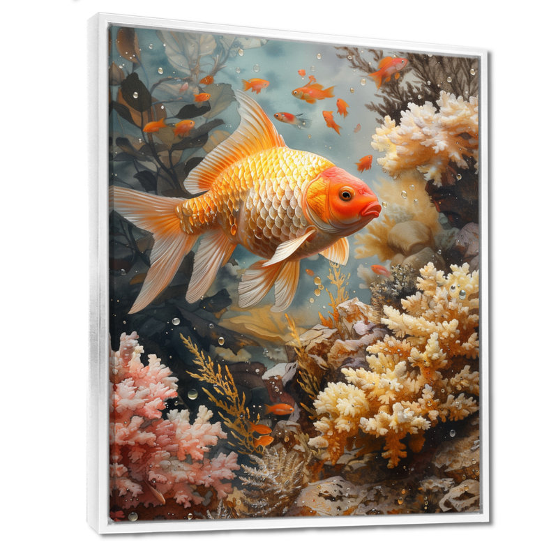 Orange, corail, poisson blanc, merveille - aquariums, art mural, Cadre flottant blanc, bois massif, H 12 po x l 20 po
