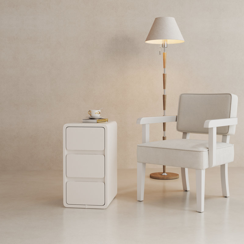 Table de chevet rembourrée en cuir massif, H 22,3 po x l 11,9 po, Blanc, 3 tiroirs