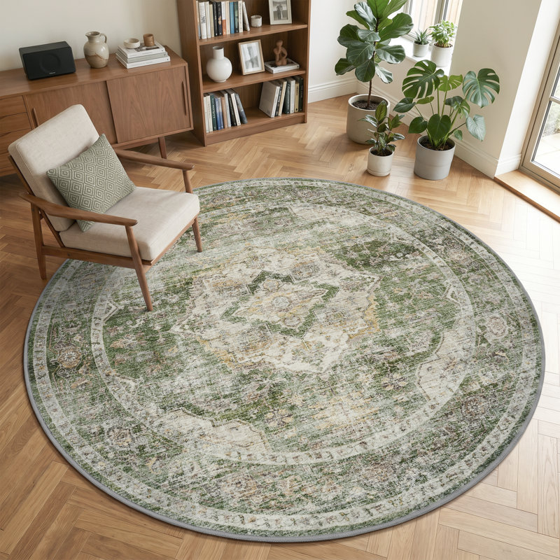 Tapis oriental rond vert lavable à la machine Sage, Vert sauge, Rond 6 pi