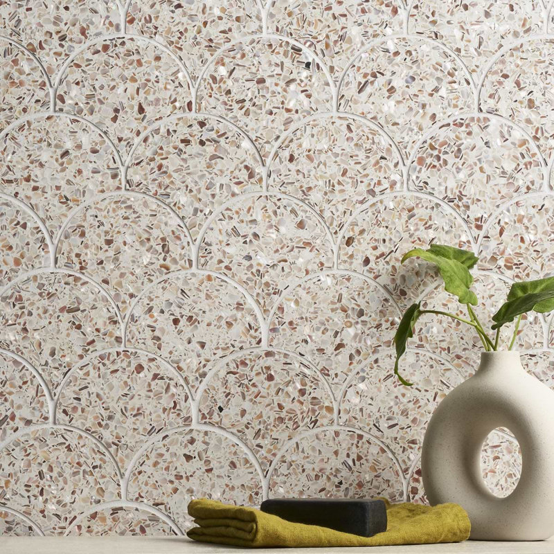 Reef 5" Fish Scale Polished Pearl Terrazzo Mosaic Tile, Cream