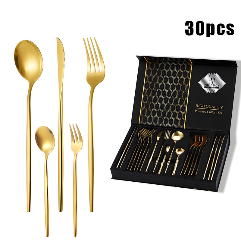 Ensemble de couverts 30 pièces en acier inoxydable avec couteaux, fourchettes et cuillères pour les repas et les cadeaux
