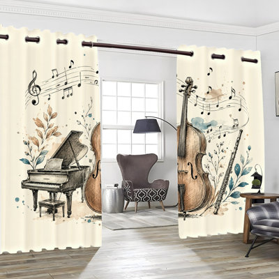 2Pcs Vintage Musical Instrument Print Blackout Curtains, Piano Cello Flute Watercolor Sketch Thermal Drapes, Noise Reducing Privacy Window Treatments for Living Bedroom Dormitory