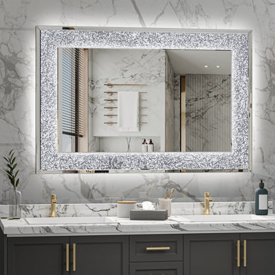 LED Bathroom Mirror, 3-Color Dimmable Lighting, Modern Rectangle Wall Vanity Mirror, Crystal Crush Diamond Mirror