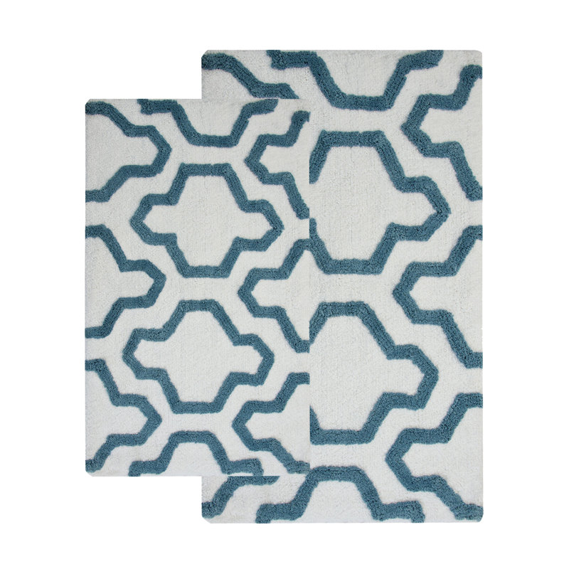 Cotton Non-Slip Bath Rug, White/New Blue