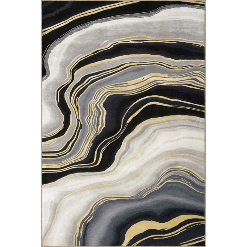 Tapis noir lavable à motif ondulé abstrait, Sous-tapis rectangulaire de 3 pi 3 po x 4 pi 11 po