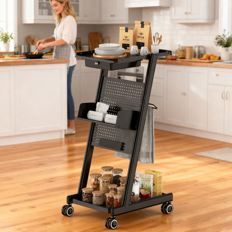 Hairdresser Utility Cart Salon Trolley With Pegboard, Black