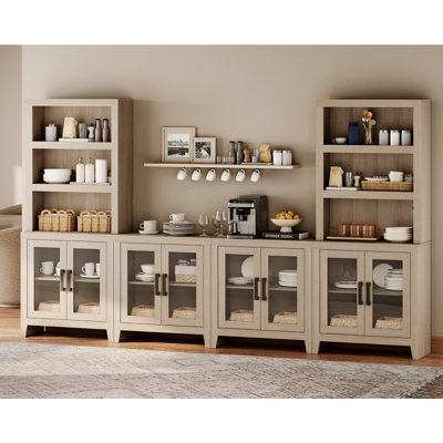 Farmhouse Entertainment Center With Bookshelves, 4-Piece Modular TV Stand With Storage Towers, Glass Doors, Open Shelves,  Media Console For Living Room, Home Theater, Beige