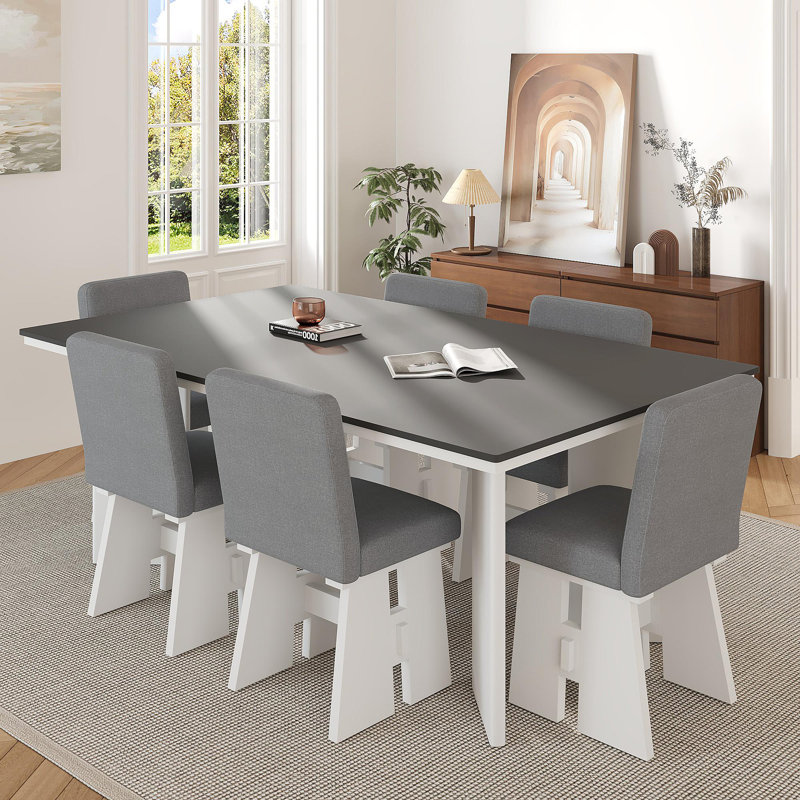 Ensemble de table de salle à manger moderne 7 pièces avec 6 chaises rembourrées, gris foncé et blanc