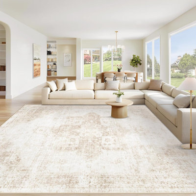 10' x 14' Washable Boho Medallion Area Rug, Vintage Distressed Non-Slip Low Pile Soft Indoor Carpet for Living Room Dining Room Home Office, Beige