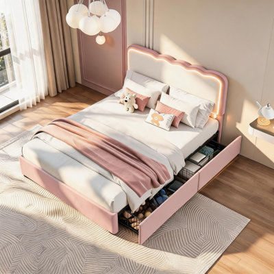 Bed Frame with LED Lights, Irregular Wave Upholstered Platform Bed with 2 Storage Drawers, No Box Spring Needed, MDF & Fabric
