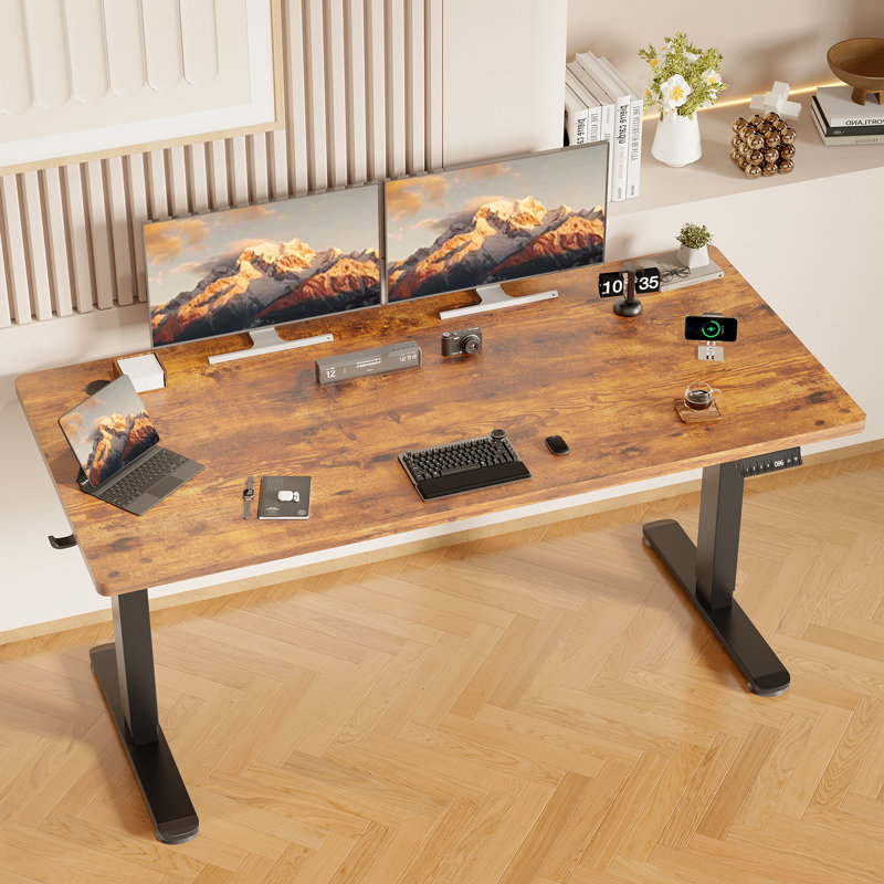 Adjustable Metal Base Standing Desk, Brown/Black, 72cm H x 160cm W x 80cm D