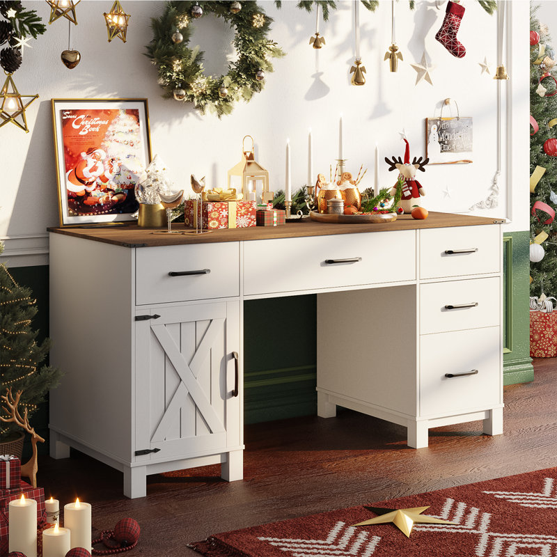  58'' Farmhouse Executive Desk With Drawers, Computer Desk With Storage Cabinet And Power Outlets For Home Office
