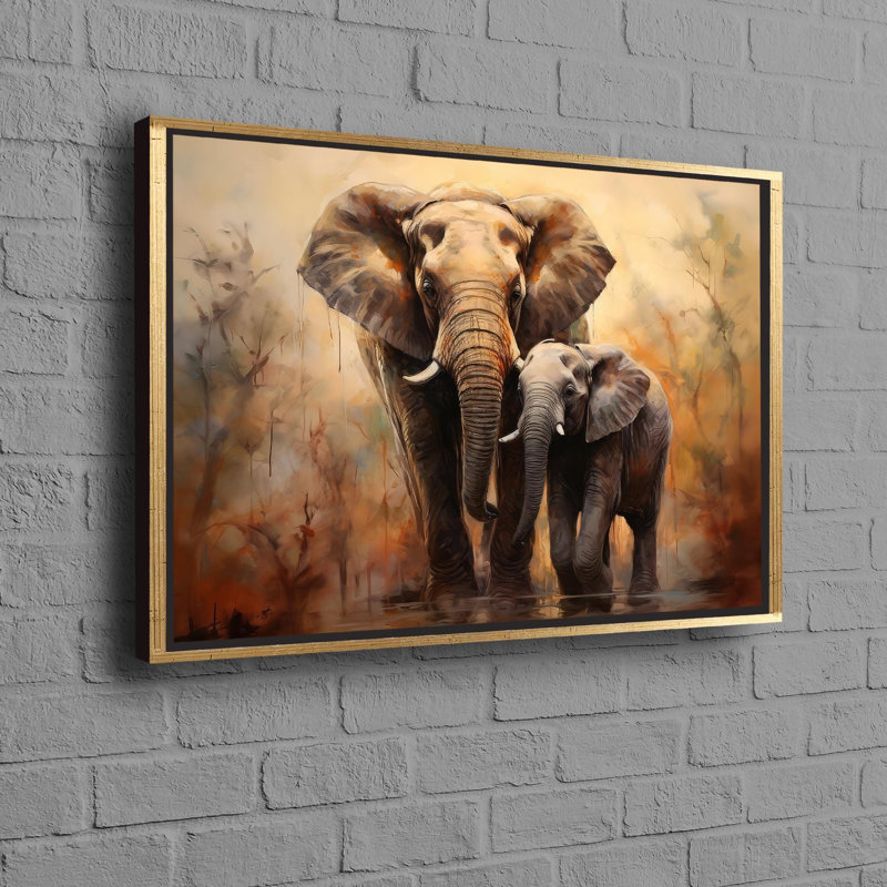 Impression sur toile contemporaine en coton 3D mettant en vedette la mère et son bébé éléphant, idéale comme décoration murale sophistiquée et cadeau personnalisé pour papa