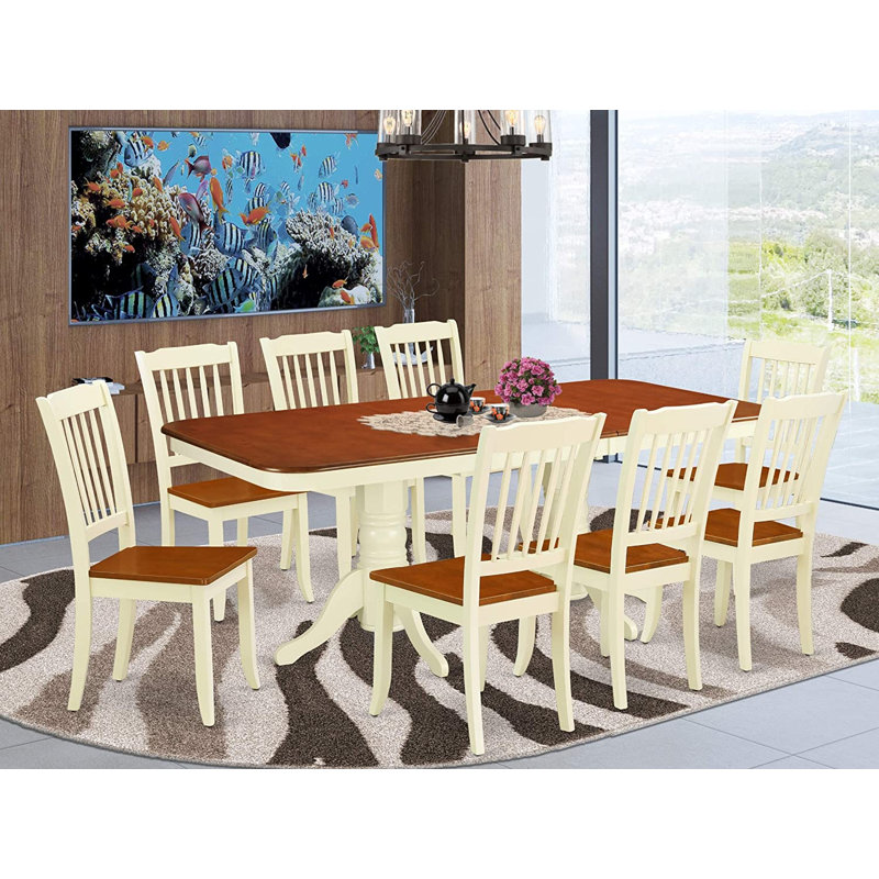 L'ensemble 9 pièces de table et chaises de cuisine comprend une table de salle à manger rectangulaire avec rallonge papillon et 8 chaises de salle à manger, babeurre et cerise
