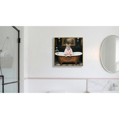 Tiger In Bathtub Art For Bathroom - 16X16 Inches, Waterproof Canvas, Hand Applied Acrylic, Ideal Space Playful Wall Inches Black Framed, Fade Ink, Ready To Hang With Pre Installed Hardware, Perfect