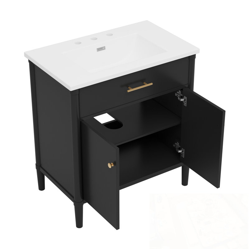 Meuble-lavabo avec lavabo, 2 portes et tablette réglable, Noir