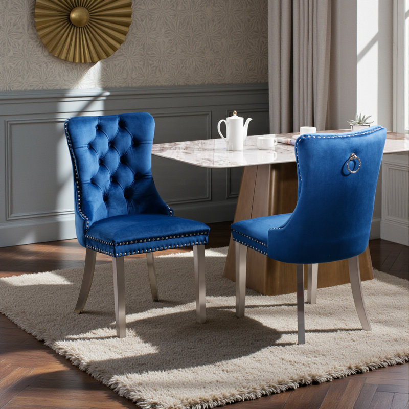 Chaises de salle à manger capitonnées en velours à oreilles, Bleu, Nickel brossé