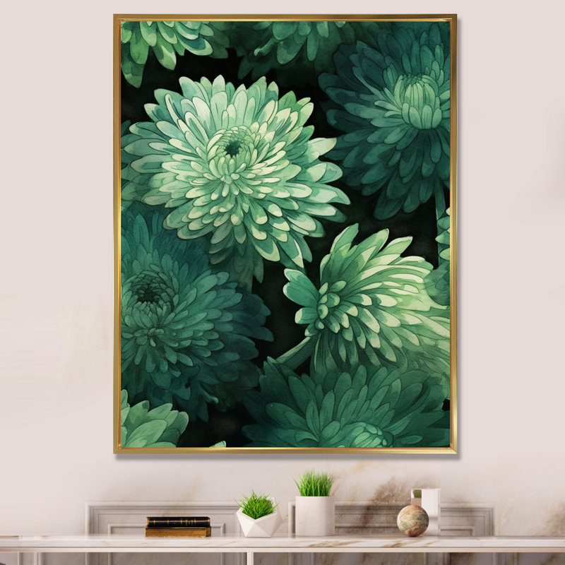 «Green Mums Blossoms» sur toile, H 40 po x l 30 po, Cadre flottant doré