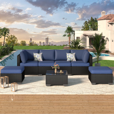 Emilienne 7 Piece Rattan Sectional Seating Group with Cushions by Ebern Designs