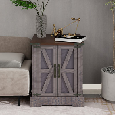 Farmhouse End Table With Charging Station, Rustic Wood Nightstand With Adjustable Shelf, 19.6"W Versatile Walnut Sofa Side Table With Barn Doors & Ret