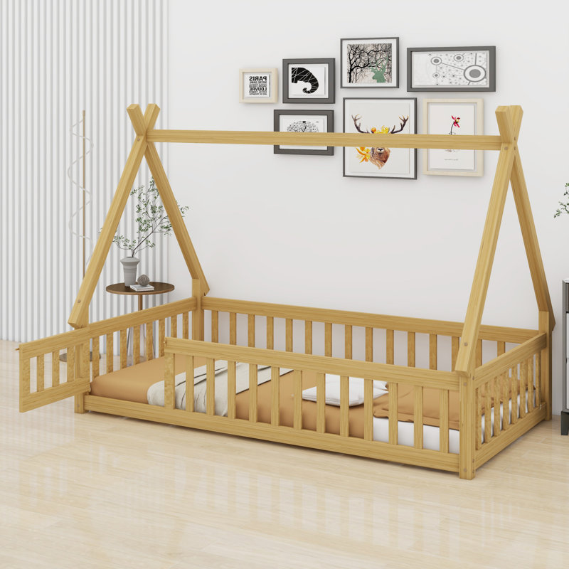 Modern Tent-Shaped Teepee Floor Bed With Guardrails, Slats And Door, Natural, Twin
