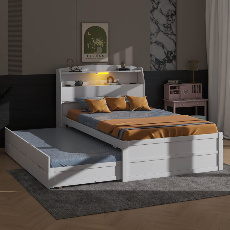 Ensemble de lit plateforme en bois à DEL avec lit gigogne escamotable, tête de lit et tiroirs, Double, Blanc