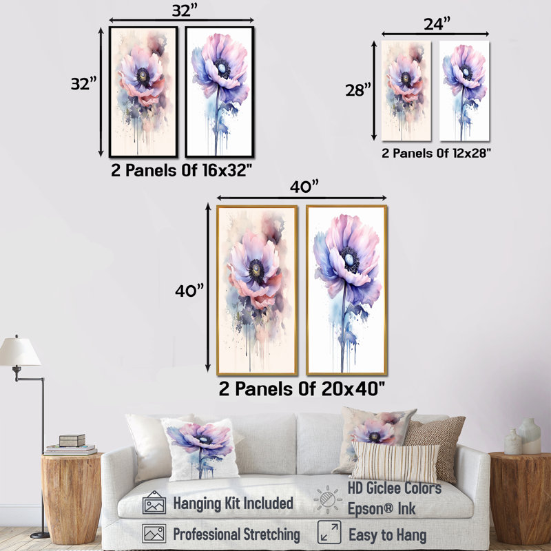 Minimalisme, coquelicots mauves - coquelicots, ensemble de 2 impressions sur toile, Toile tendue, H 40 po x l 41 po
