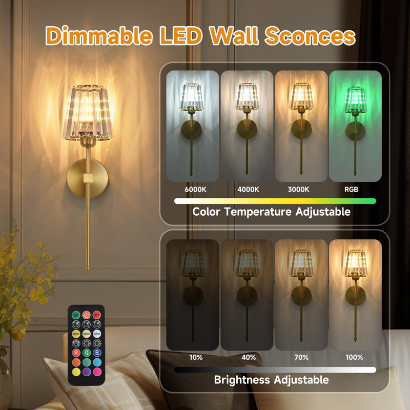 Wireless Wall Lamps with USB Rechargeable LED Bulbs, 12-Colour Dimmable Lighting & Remote Control, Gold