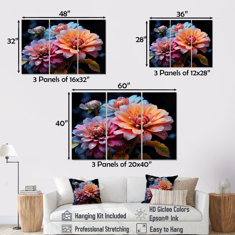 «Zinnias Illuminated By Moonlight II», ensemble d'art sur toile Zinnias, Toile tendue, H 28 po x l 36 po x P 1 po