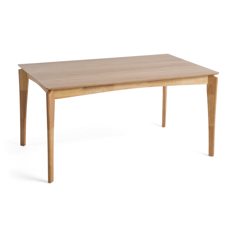 Table de salle à manger moderne de style Mid-Century, structure en bois d'hévéa, terrasse en faux bois, couleur chêne naturel, apparence de 4 à 6 places assises et construction, utilisation par les étudiants