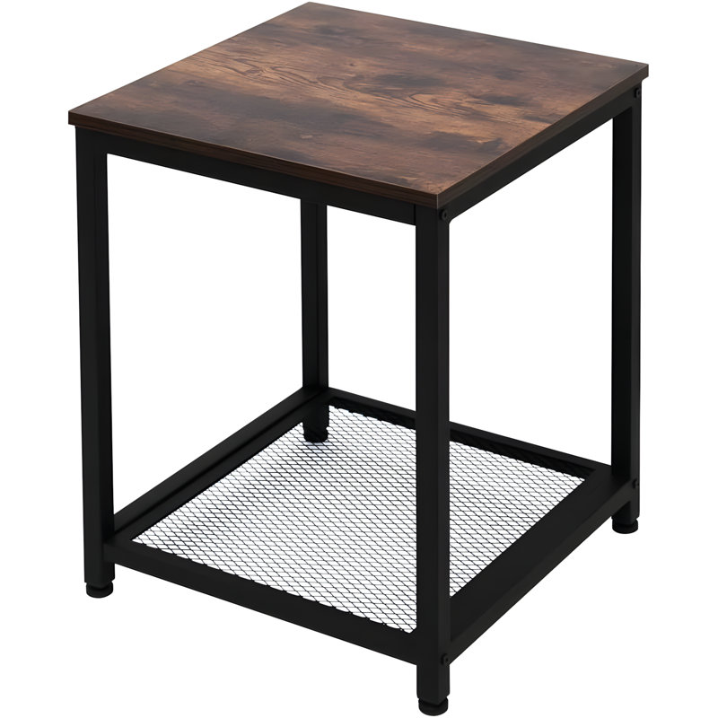 Table d'appoint rustique en bois à 2 niveaux avec structure en métal, tablette de rangement et conception robuste