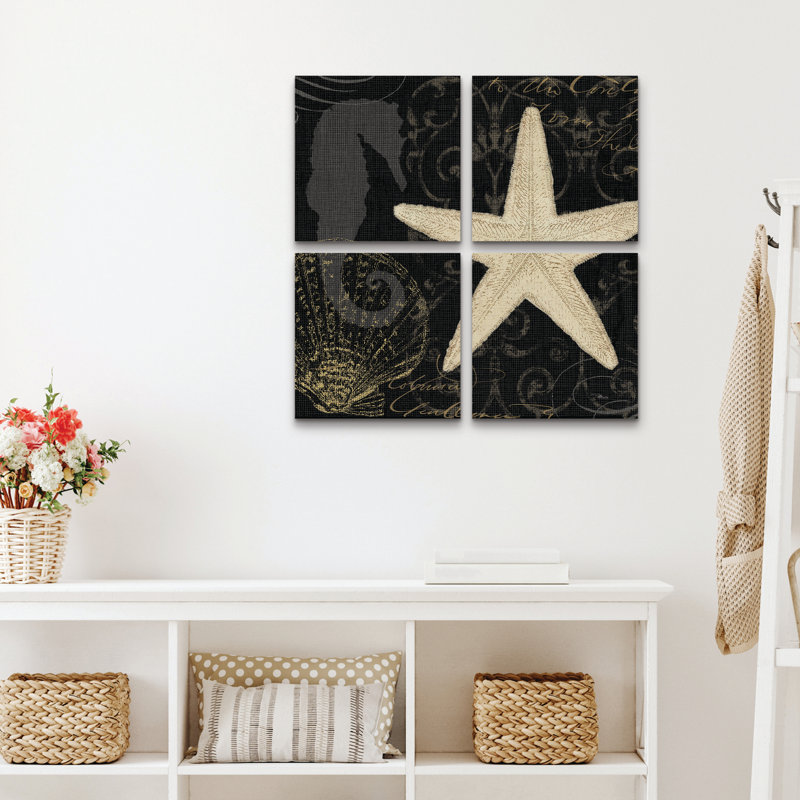 Ensemble de 4 panneaux muraux - Pela Studio «Coastal Moonlight I», art mural sur toile pour le salon, la chambre à coucher ou le bureau 