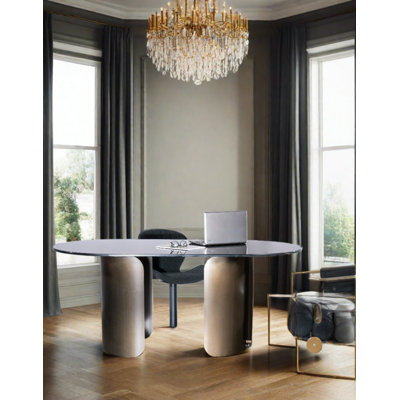 Diako Executive Oval Desk with Marble Top and Sculptural Metal Base – Modern Executive Office Desk 