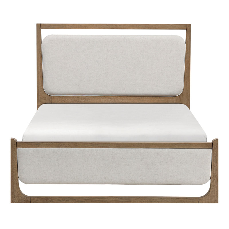 Lit contemporain tapissier brun avec éclairage à DEL et bois de qualité, grand lit complet pour la chambre à coucher, revêtement texturé, style tactile