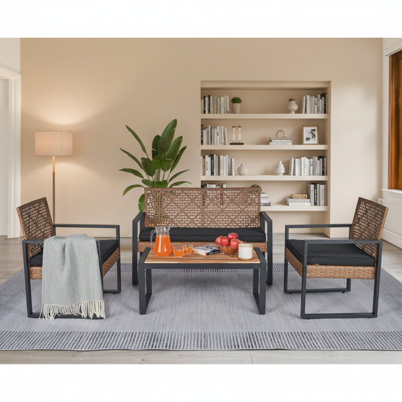 4-Piece Outdoor Furniture Set In Modern Black & Light Brown Finish With Acacia Wood Tabletop, For Outdoor Balconies, Porches, Gardens And Backyard Lawns.