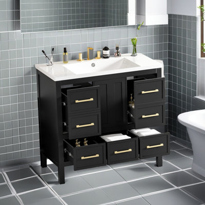 Ensemble de meuble-lavabo 36 po avec lavabo en résine, armoire de rangement en bois massif, ensemble de meuble-lavabo autoportant avec 5 tiroirs et portes à fermeture douce