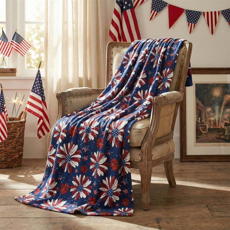 Jeté de flanelle du 4 juillet, impression patriotique du Jour du Souvenir, fleurs, jour de l'Independence, douces couvertures en molleton douillet et moelleux pour la décoration du canapé-lit, cadeaux idéaux pour les enfants adultes 60 x 80