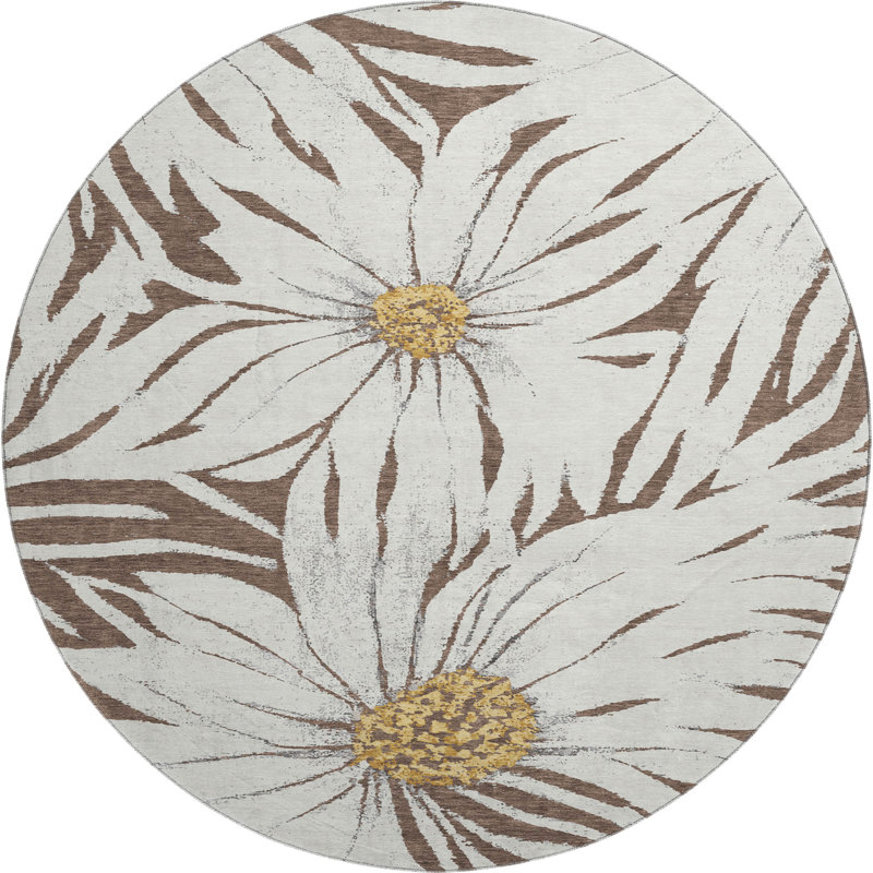 Premium Machine Washable Mayfield AMF2263 Floral Rug, 8' Round, Brown