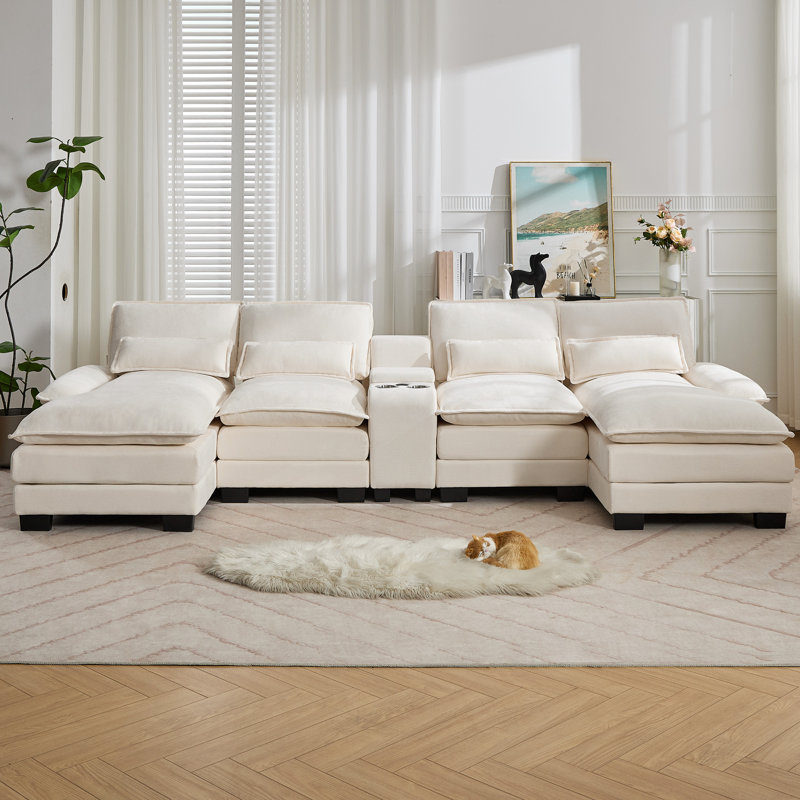 Canapé modulaire en U 125,6 po avec méridiennes, console de rangement, ports de chargement USB, porte-gobelets, chenille