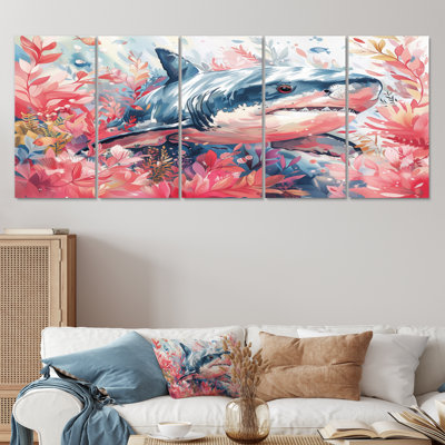«Pink Grey Hunting Shark Watercolor II», ensemble de reproductions d'art mural requin